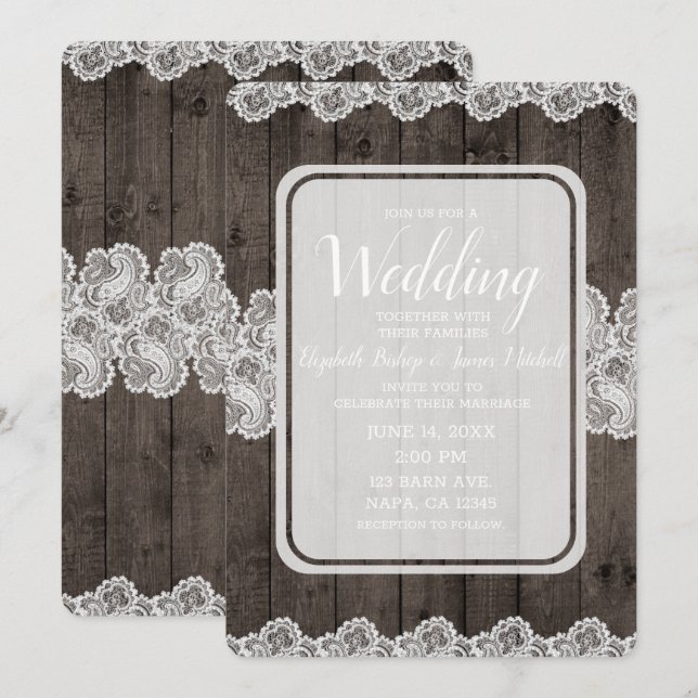 Rustic Dark Wood & Lace Elegant Wedding Invitation (Front/Back)