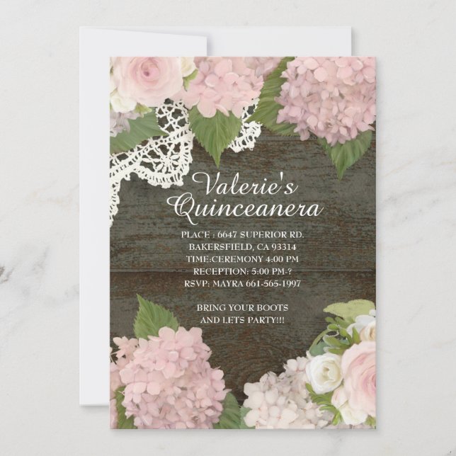 Rustic Dark Wood Lace Rose Hydrangea Table Seating Invitation (Front)