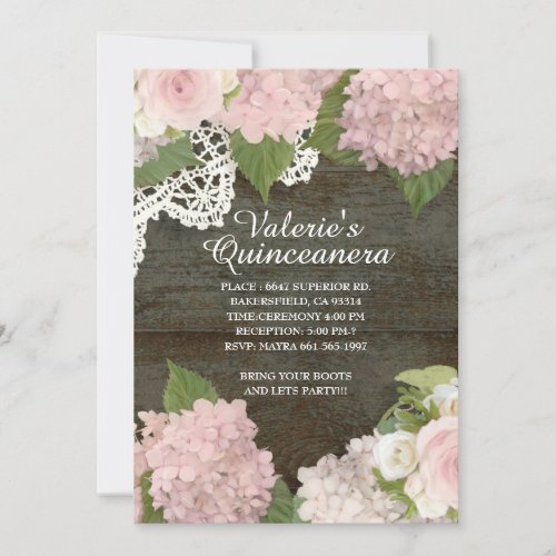 Rustic Dark Wood Lace Rose Hydrangea Table Seating Invitation