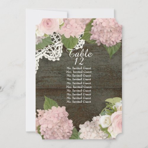 Rustic Dark Wood Lace Rose Hydrangea Table Seating Invitation