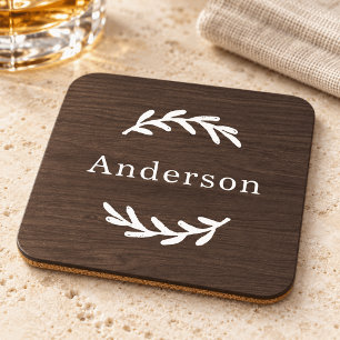 Rustic Dark Wood Laurel Monogram Name Beverage Coaster