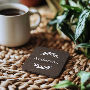 Rustic Dark Wood Laurel Monogram Name Beverage Coaster