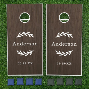 Rustic Dark Wood Laurel Wedding Family Name Cornhole Set