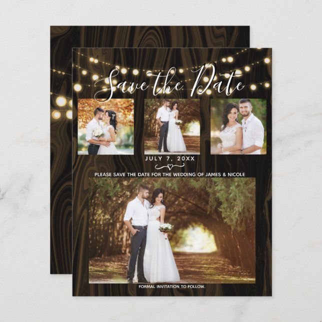Rustic Dark Wood & Lights 4 Photo Save the Date (Front/Back)