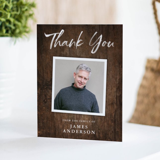 Rustic Dark Wood Memorial Photo Thank You Card (Creator Uploaded)