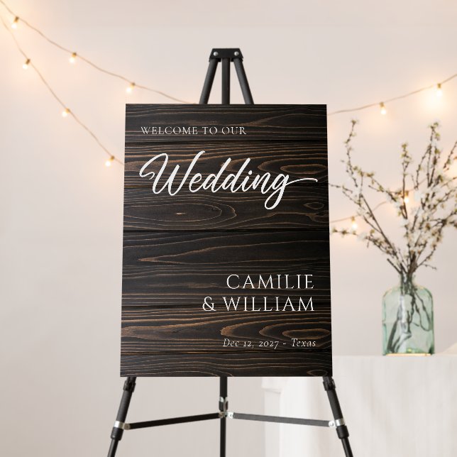 Rustic Dark Wood Modern Wedding Welcome Sign (In Situ (Stand))