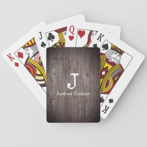 Rustic Dark Wood Monogram Masculine Custom Name Playing Cards