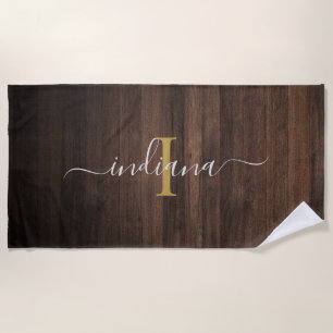 Rustic Dark Wood Monogram Script Name Initial Beach Towel