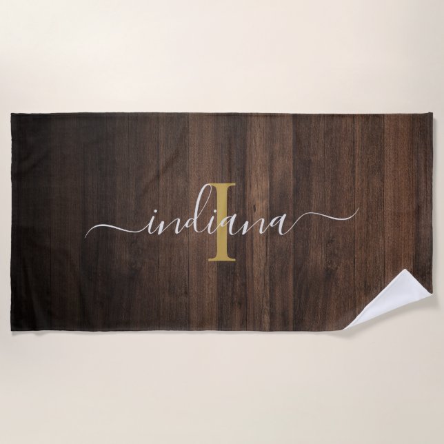 Rustic Dark Wood Monogram Script Name Initial Beach Towel (Front)