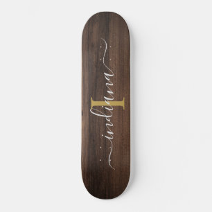 Rustic Dark Wood Monogram Script Name Initial Skateboard