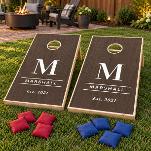 Rustic Dark Wood Monogram Wedding Family Cornhole Set