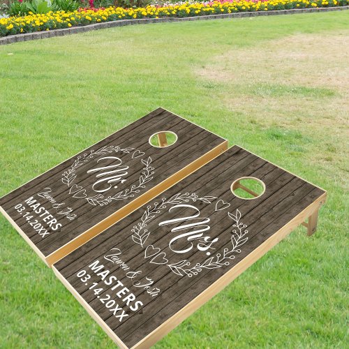 Rustic Dark Wood Mr and Mrs Couples Cornhole Set