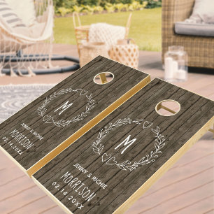 Rustic Dark Wood Newlywed Monogram Heart Wreath Cornhole Set