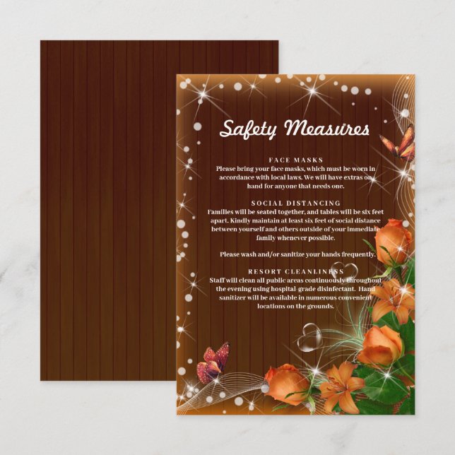 Rustic Dark Wood Orange Floral Safety Measures Enclosure Card (Front/Back)