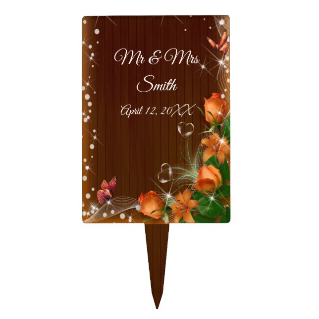 Rustic Dark Wood Orange Floral Wedding Cake Topper (Front)