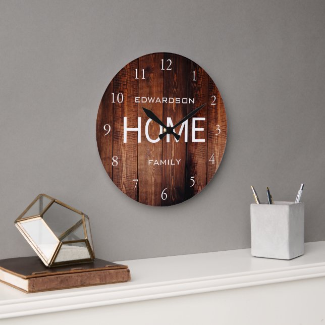 Rustic dark wood pattern Home script family name Large Clock (Office)