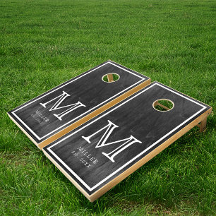 Rustic Dark Wood Personalized Family Monogram Name Cornhole Set