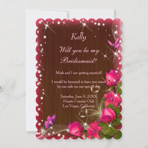 Rustic Dark Wood Pink Floral Butterfly Bridesmaid Invitation