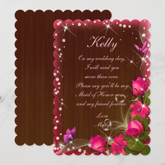 Rustic Dark Wood Pink Floral Maid Of Honor Invitation (Front/Back)