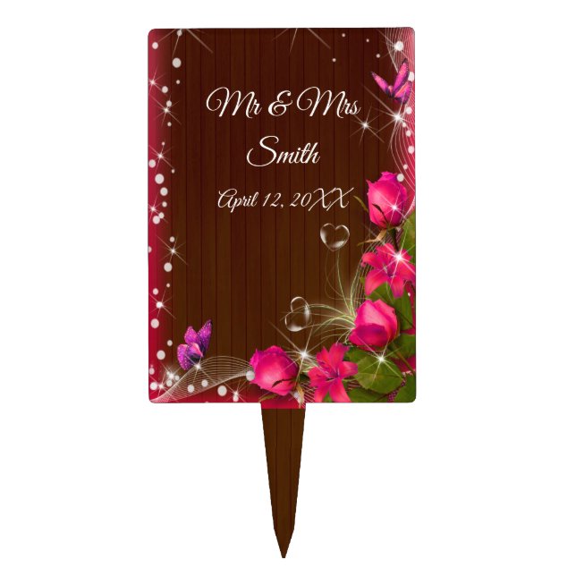 Rustic Dark Wood Pink Floral Wedding Cake Topper (Front)