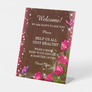 Rustic Dark Wood Pink Floral Wedding Safety  Pedestal Sign