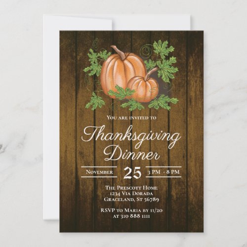 Rustic Dark Wood Pumpkins Thanksgiving Dinner Invi Invitation