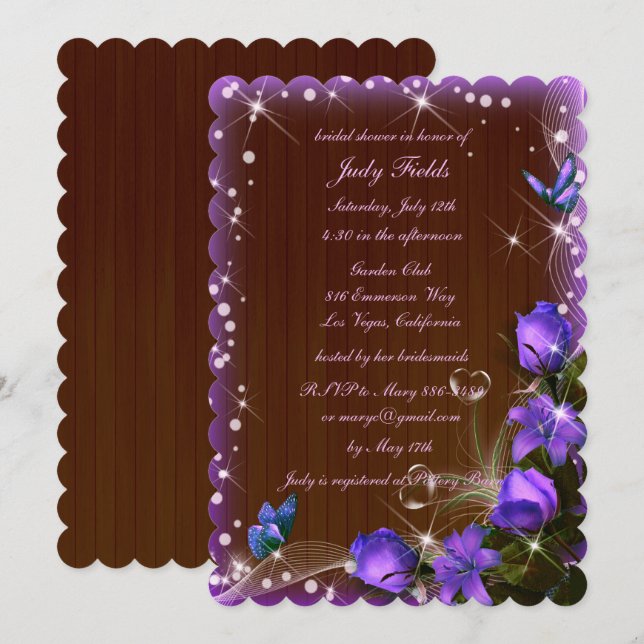 Rustic Dark Wood Purple Floral Bridal Shower Invitation (Front/Back)