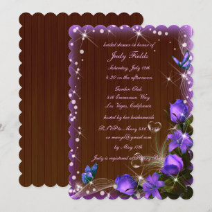 Rustic Dark Wood Purple Floral Bridal Shower Invitation