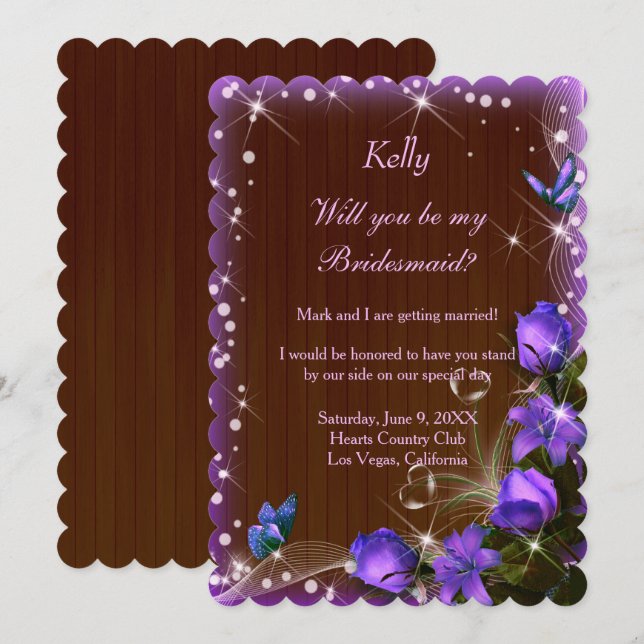 Rustic Dark Wood Purple Floral Bridesmaid Invitation (Front/Back)