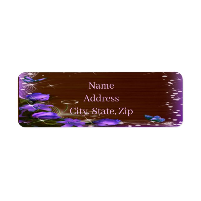 Rustic Dark Wood Purple Floral Butterfly Address Label (Front)