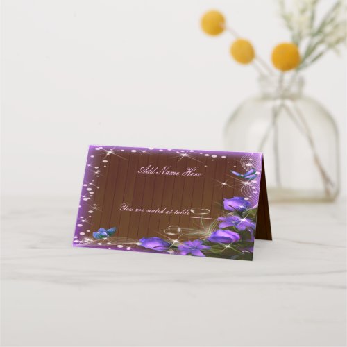 Rustic Dark Wood Purple Floral Butterfly Table Place Card