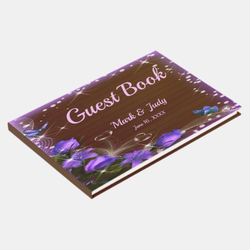 Rustic Dark Wood Purple Floral Butterfly Wedding Guest Book
