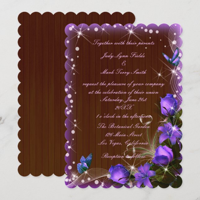 Rustic Dark Wood Purple Floral Butterfly Wedding Invitation (Front/Back)