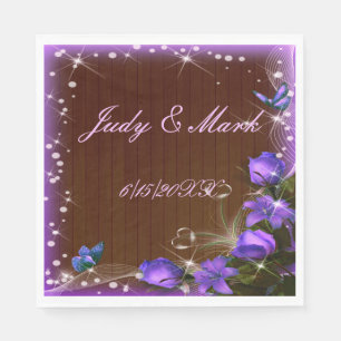 Rustic Dark Wood Purple Floral Butterfly Wedding Napkins