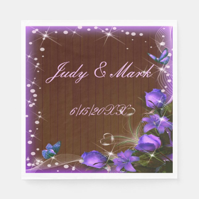 Rustic Dark Wood Purple Floral Butterfly Wedding Napkins (Front)