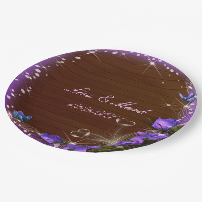 Rustic Dark Wood Purple Floral Butterfly Wedding Paper Plates (Angled)