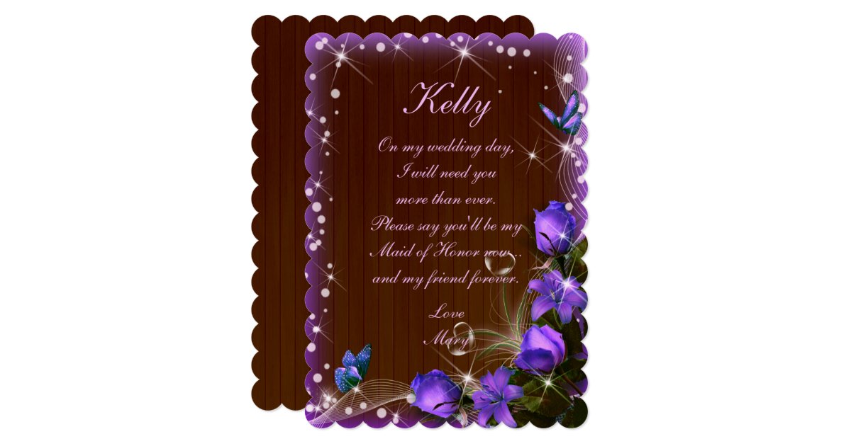 Rustic Dark Wood Purple Floral Maid Of Honor Invitation | Zazzle.com