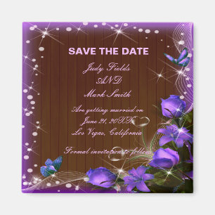 Rustic Dark Wood Purple Floral Save The Date Magnet