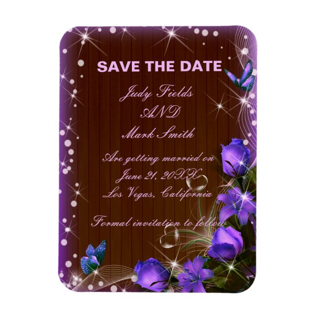 Rustic Dark Wood Purple Floral Save The Date Magnet (Vertical)