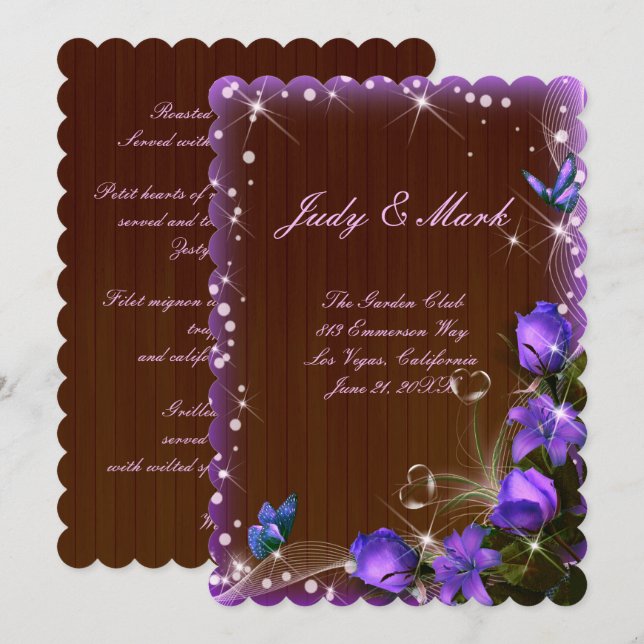 Rustic Dark Wood Purple Floral Wedding Menu Card (Front/Back)