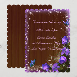 Rustic Dark Wood Purple Floral Wedding Reception Invitation