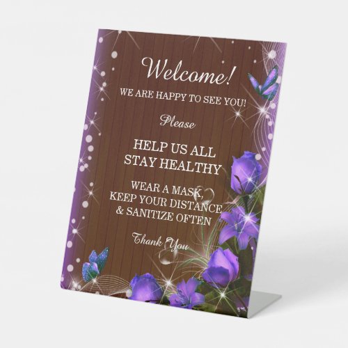 Rustic Dark Wood Purple Floral Wedding Safety Pedestal Sign