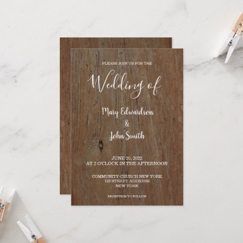 Rustic dark wood script country wedding invitation
