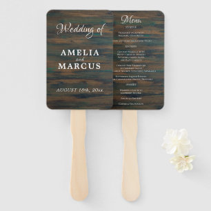 Rustic Dark Wood Script Wedding Menu Hand Fan