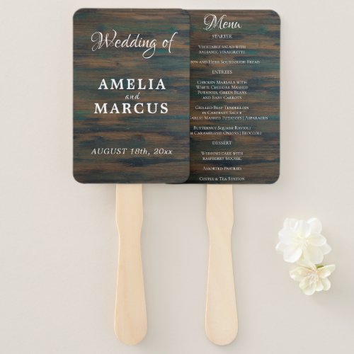 Rustic Dark Wood Script Wedding Menu Hand Fan