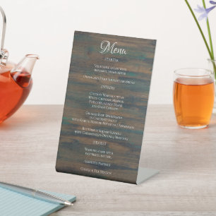 Rustic Dark Wood Script Wedding Menu Pedestal Sign