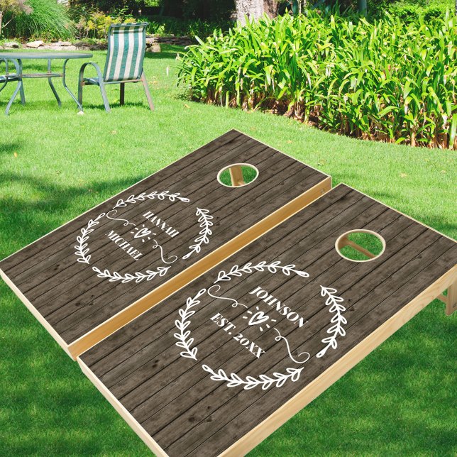 Rustic Dark Wood Simple Foliage Wreath Wedding Cornhole Set (Creator Uploaded)