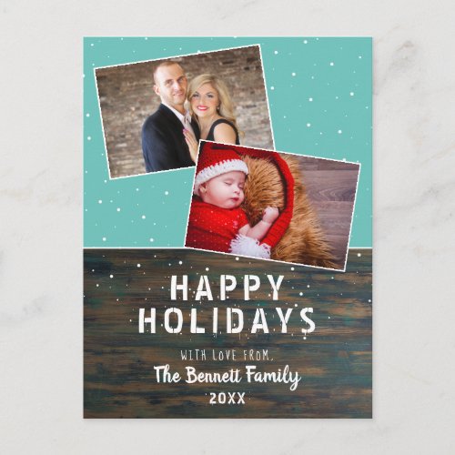 Rustic Dark Wood Snow Holiday 2 Photo Postcard