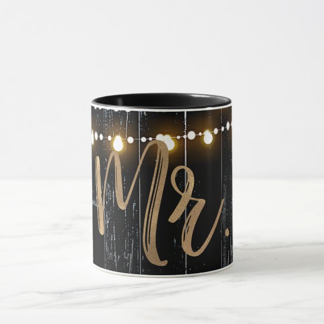 Rustic Dark Wood & String Lights Gold Bride MR. Mug (Center)