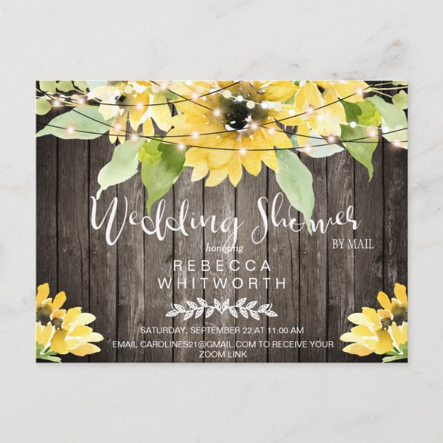 Rustic  Dark Wood Sunflower Bridal Shower by Mail Invitation Postcard (Front)